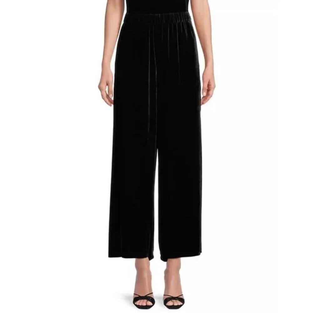Eileen Fisher Wide Leg Pants Ankle Black Velvet Silk Viscose Cropped Large NWT